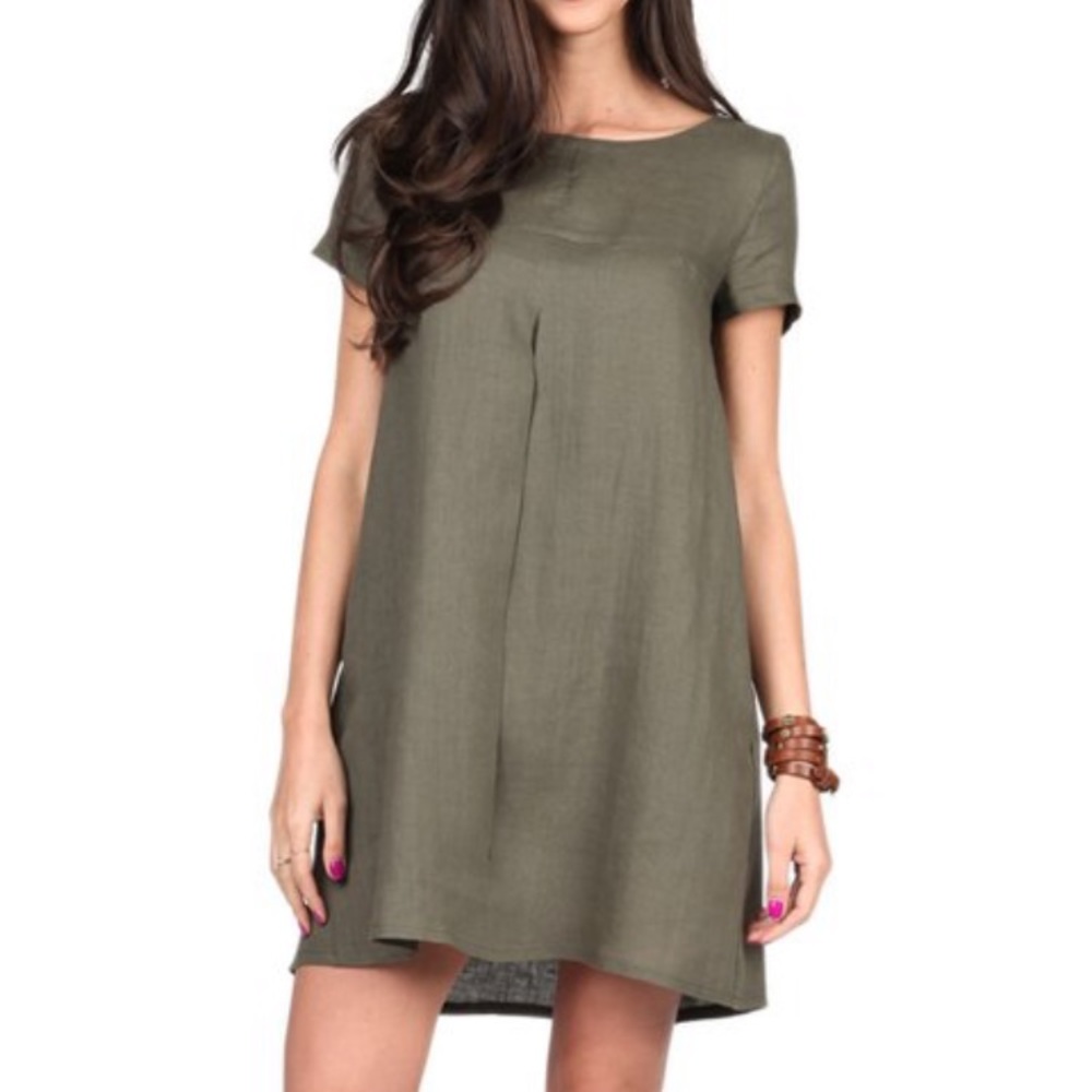 Olive Linen Pleat Shift Dress Carla by Rozarancio